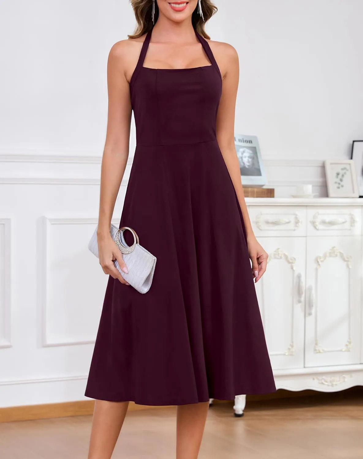 Zattcas Womens 2025 Spring Summer Halter Neck Sleeveless Flowy Swing Wedding Guest Dress Prom Cocktail Party Midi Dress
