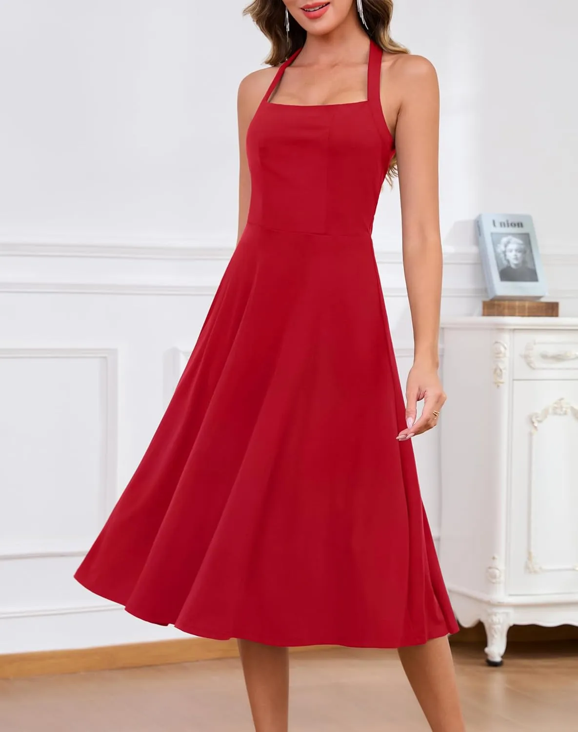 Zattcas Womens 2025 Spring Summer Halter Neck Sleeveless Flowy Swing Wedding Guest Dress Prom Cocktail Party Midi Dress