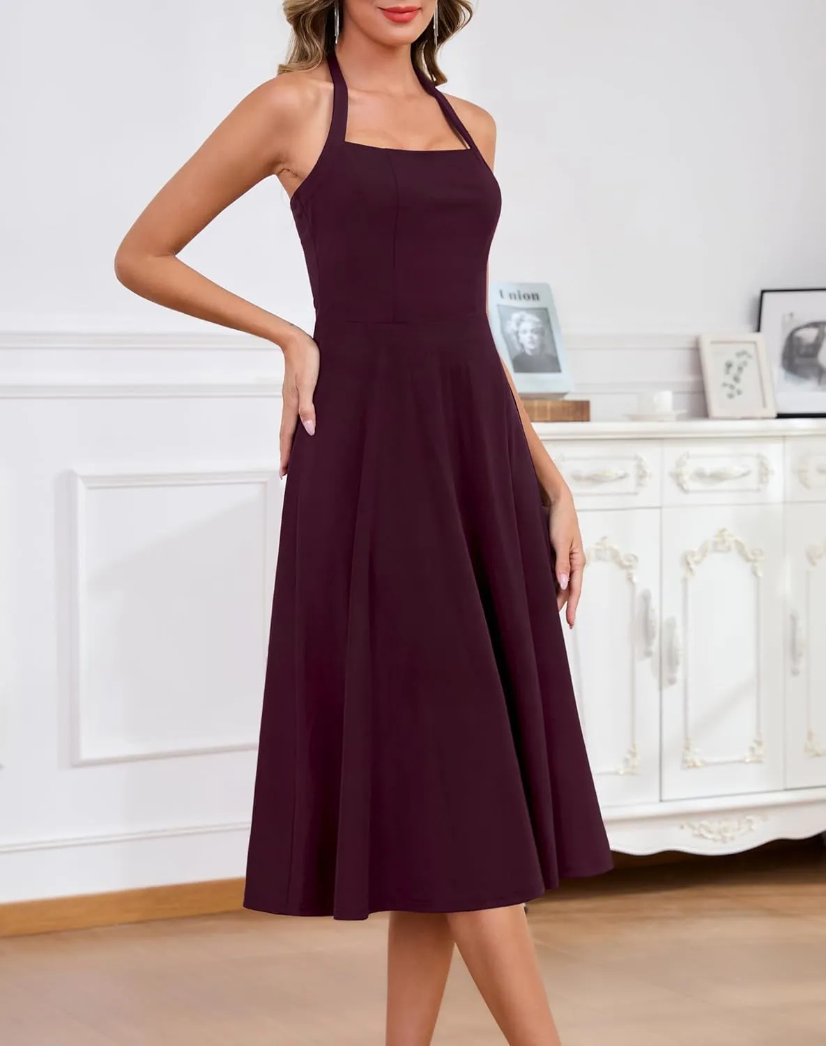 Zattcas Womens 2025 Spring Summer Halter Neck Sleeveless Flowy Swing Wedding Guest Dress Prom Cocktail Party Midi Dress