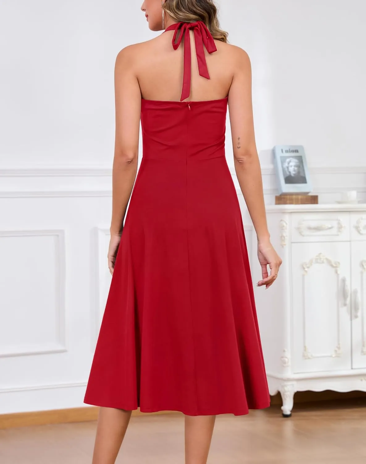 Zattcas Womens 2025 Spring Summer Halter Neck Sleeveless Flowy Swing Wedding Guest Dress Prom Cocktail Party Midi Dress