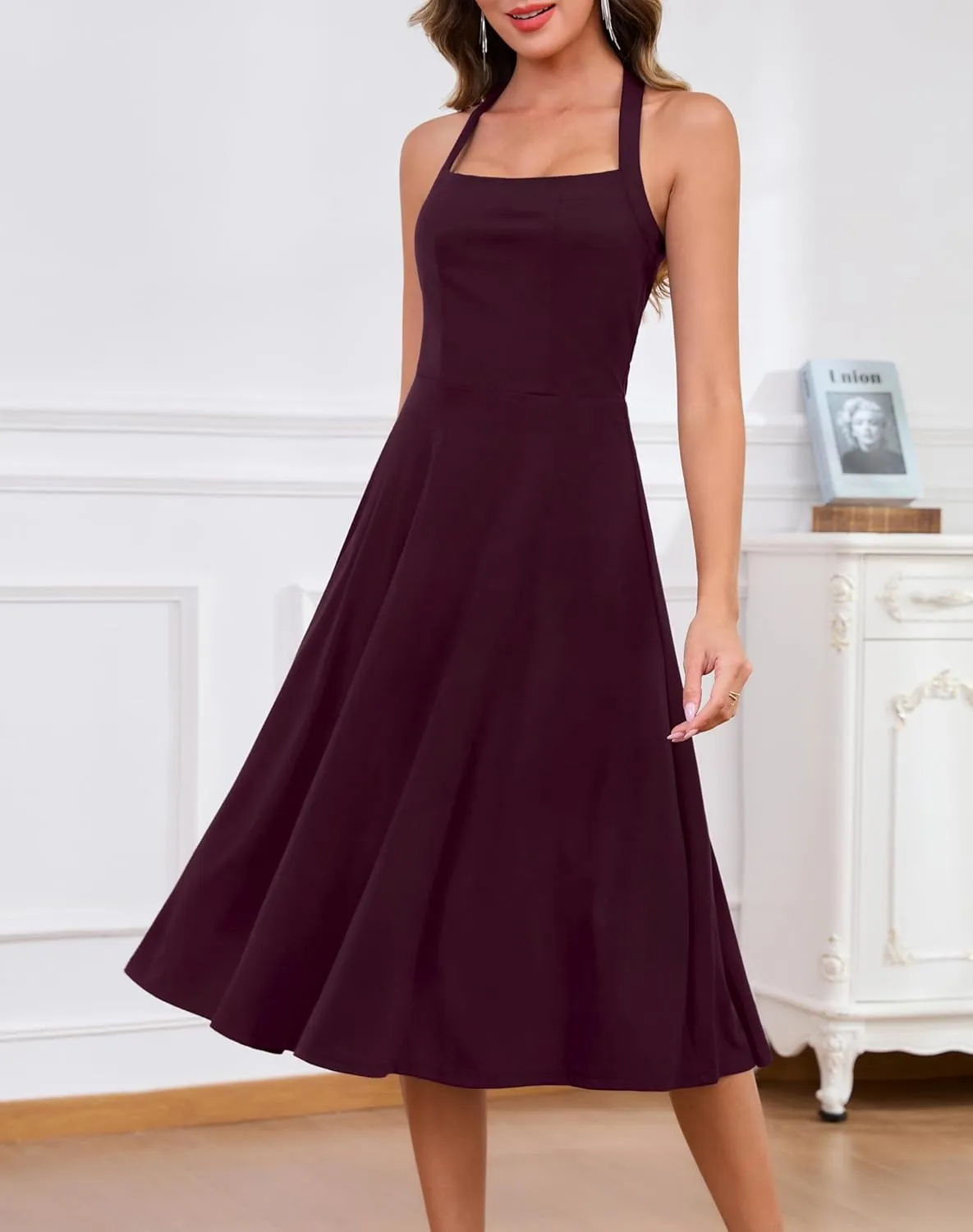 Zattcas Womens 2025 Spring Summer Halter Neck Sleeveless Flowy Swing Wedding Guest Dress Prom Cocktail Party Midi Dress