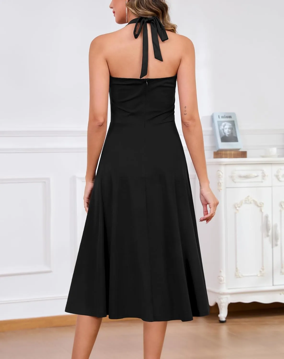 Zattcas Womens 2025 Spring Summer Halter Neck Sleeveless Flowy Swing Wedding Guest Dress Prom Cocktail Party Midi Dress