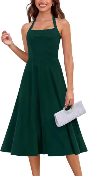 Zattcas Womens 2025 Spring Summer Halter Neck Sleeveless Flowy Swing Wedding Guest Dress Prom Cocktail Party Midi Dress