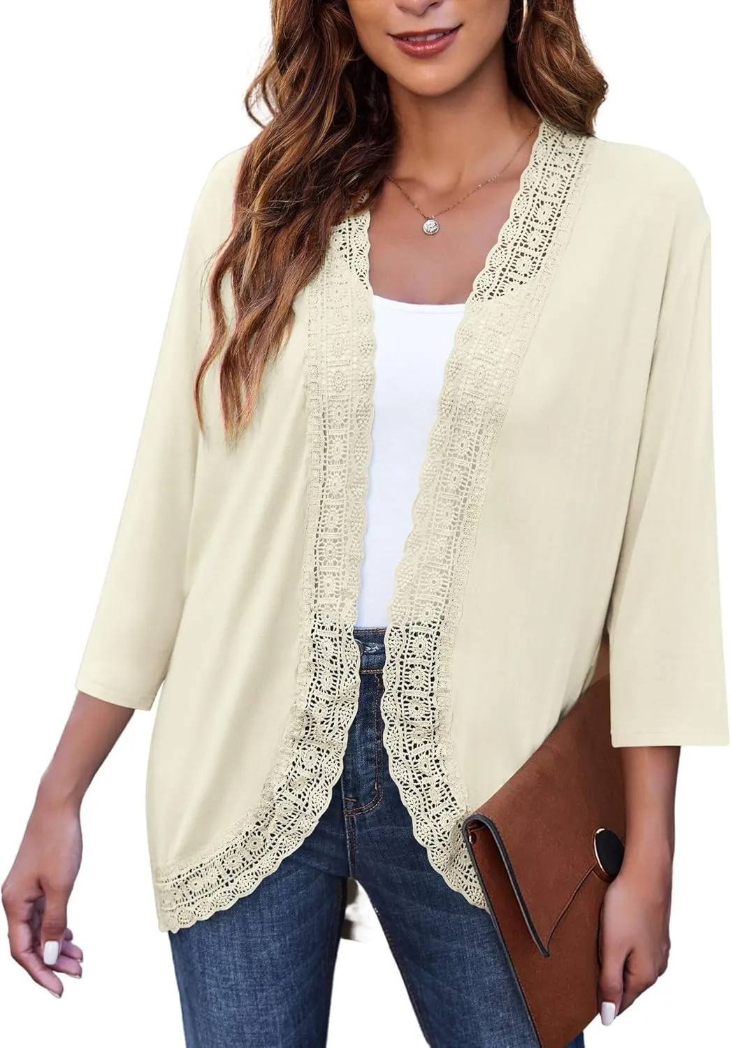 Zeagoo Women's Open Front Cardigans Lightweight 3/4 Sleeve Lace Kimono Soft Draped Cover Ups