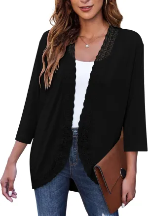 Zeagoo Women's Open Front Cardigans Lightweight 3/4 Sleeve Lace Kimono Soft Draped Cover Ups