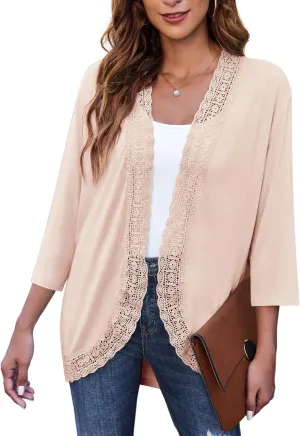 Zeagoo Women's Open Front Cardigans Lightweight 3/4 Sleeve Lace Kimono Soft Draped Cover Ups