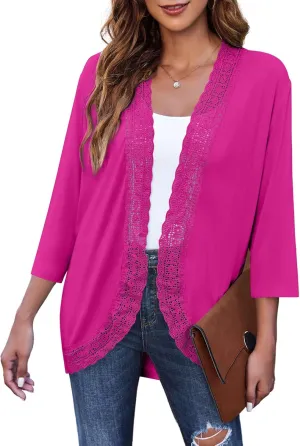 Zeagoo Women's Open Front Cardigans Lightweight 3/4 Sleeve Lace Kimono Soft Draped Cover Ups