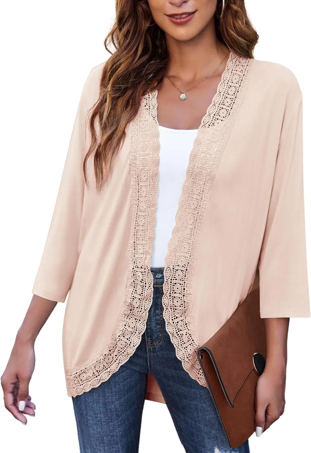 Zeagoo Women's Open Front Cardigans Lightweight 3/4 Sleeve Lace Kimono Soft Draped Cover Ups