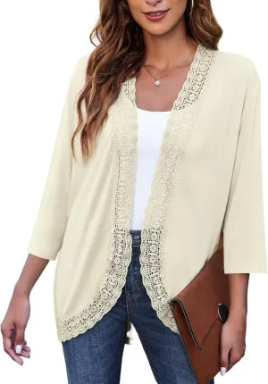 Zeagoo Women's Open Front Cardigans Lightweight 3/4 Sleeve Lace Kimono Soft Draped Cover Ups
