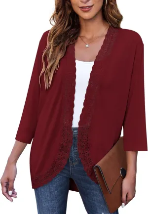 Zeagoo Women's Open Front Cardigans Lightweight 3/4 Sleeve Lace Kimono Soft Draped Cover Ups
