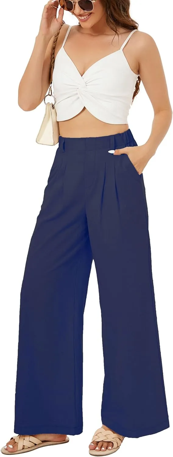 Zontroldy Cotton Linen Wide Leg Palazzo Beach Pants for Women Casual Elastic High Waist Smocked Lounge Pants