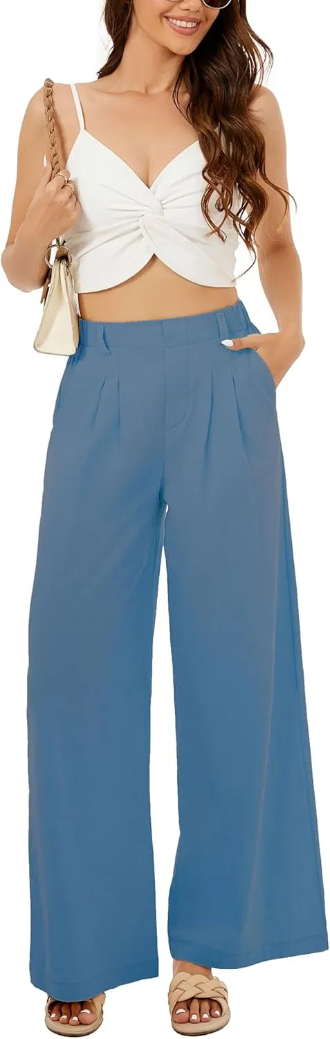 Zontroldy Cotton Linen Wide Leg Palazzo Beach Pants for Women Casual Elastic High Waist Smocked Lounge Pants
