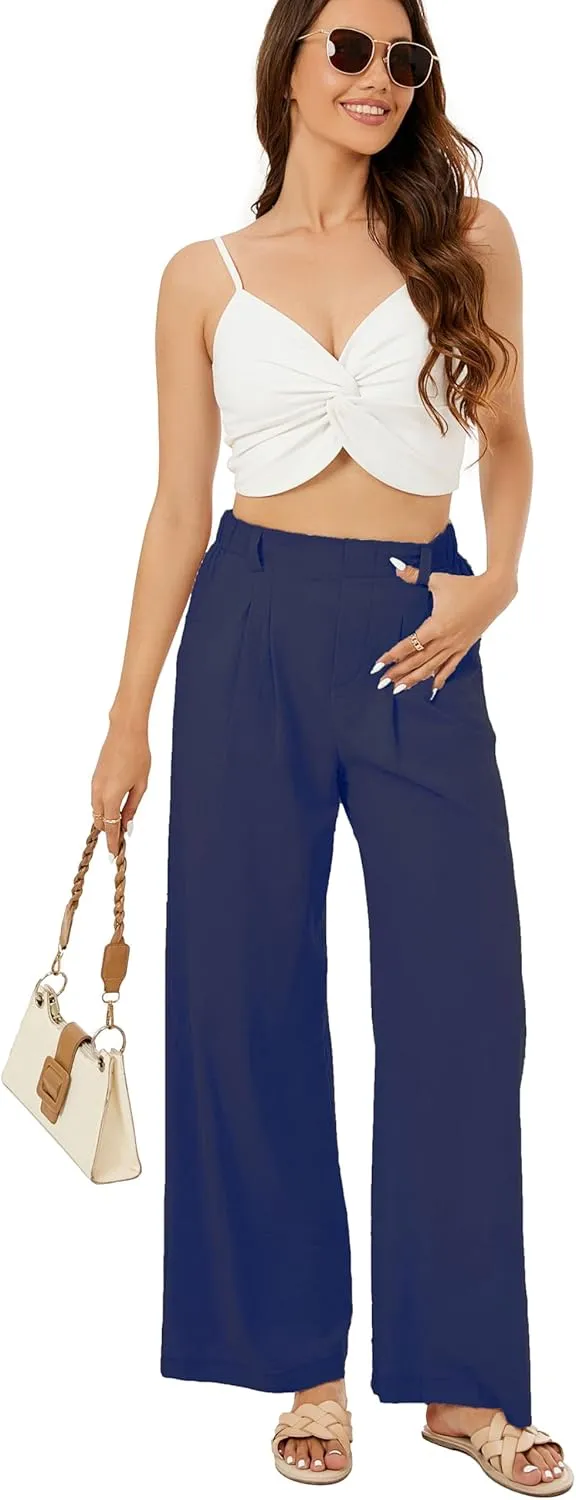 Zontroldy Cotton Linen Wide Leg Palazzo Beach Pants for Women Casual Elastic High Waist Smocked Lounge Pants