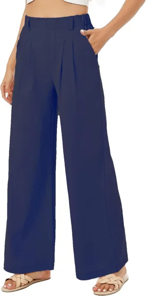 Zontroldy Cotton Linen Wide Leg Palazzo Beach Pants for Women Casual Elastic High Waist Smocked Lounge Pants