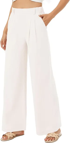 Zontroldy Cotton Linen Wide Leg Palazzo Beach Pants for Women Casual Elastic High Waist Smocked Lounge Pants