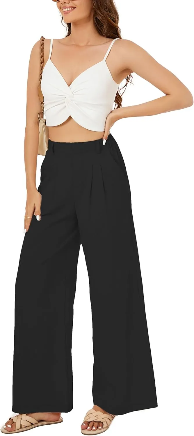 Zontroldy Cotton Linen Wide Leg Palazzo Beach Pants for Women Casual Elastic High Waist Smocked Lounge Pants