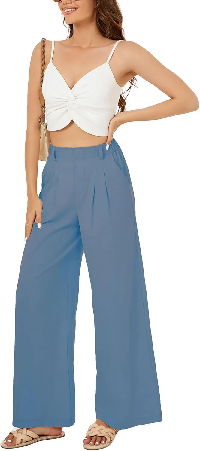 Zontroldy Cotton Linen Wide Leg Palazzo Beach Pants for Women Casual Elastic High Waist Smocked Lounge Pants