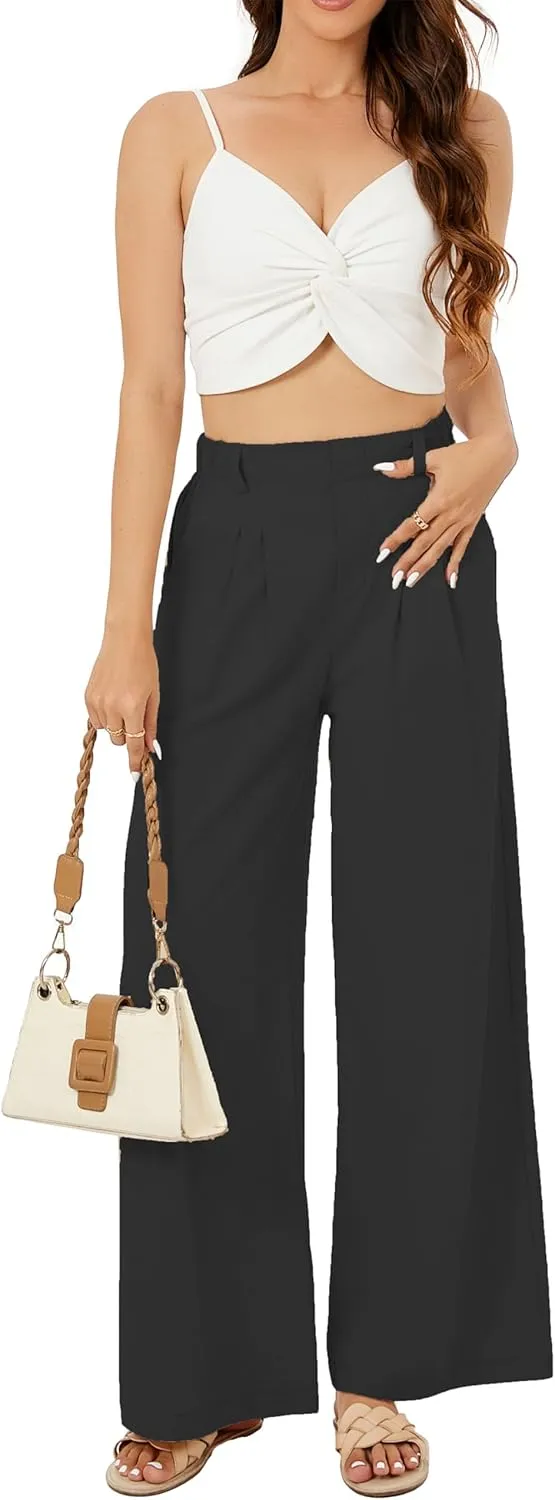 Zontroldy Cotton Linen Wide Leg Palazzo Beach Pants for Women Casual Elastic High Waist Smocked Lounge Pants