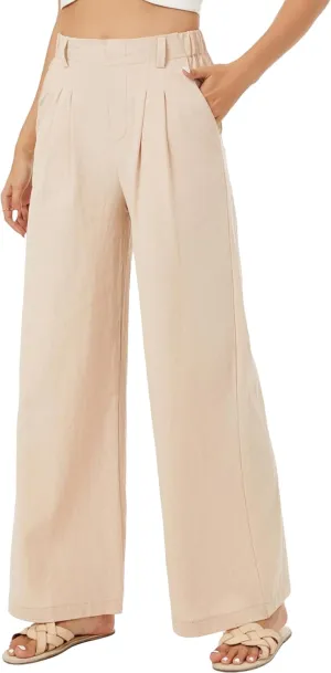 Zontroldy Cotton Linen Wide Leg Palazzo Beach Pants for Women Casual Elastic High Waist Smocked Lounge Pants