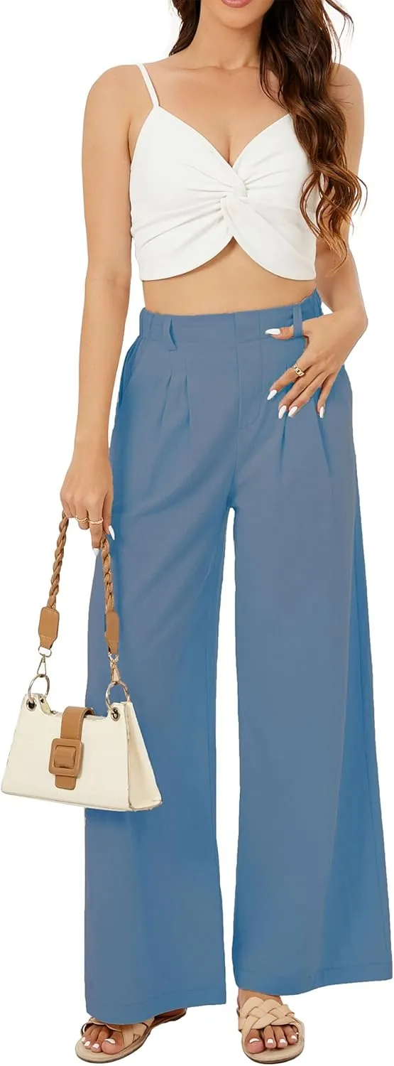 Zontroldy Cotton Linen Wide Leg Palazzo Beach Pants for Women Casual Elastic High Waist Smocked Lounge Pants