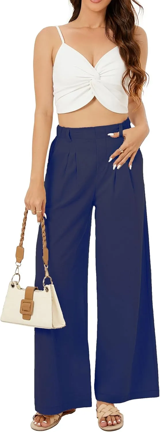Zontroldy Cotton Linen Wide Leg Palazzo Beach Pants for Women Casual Elastic High Waist Smocked Lounge Pants