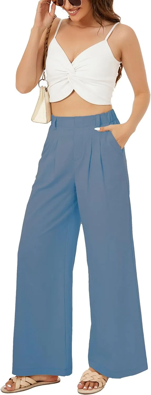 Zontroldy Cotton Linen Wide Leg Palazzo Beach Pants for Women Casual Elastic High Waist Smocked Lounge Pants