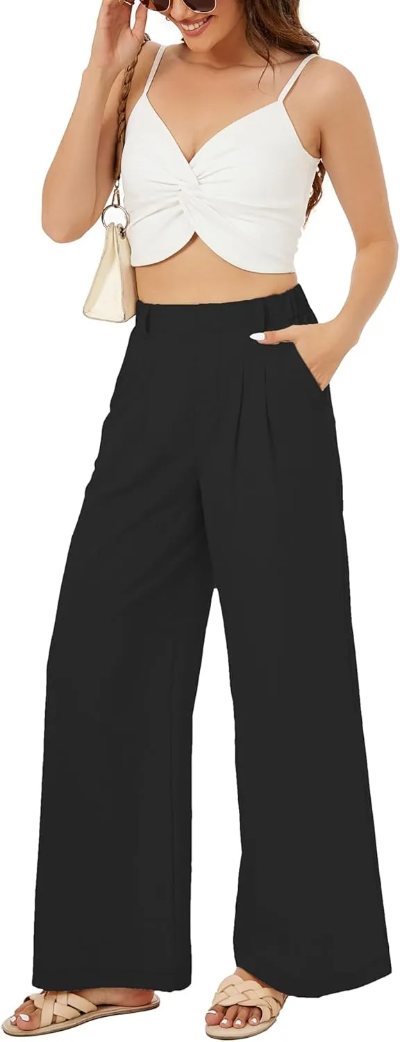 Zontroldy Cotton Linen Wide Leg Palazzo Beach Pants for Women Casual Elastic High Waist Smocked Lounge Pants