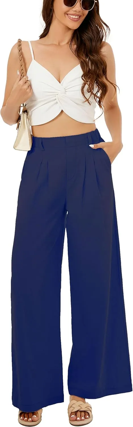 Zontroldy Cotton Linen Wide Leg Palazzo Beach Pants for Women Casual Elastic High Waist Smocked Lounge Pants