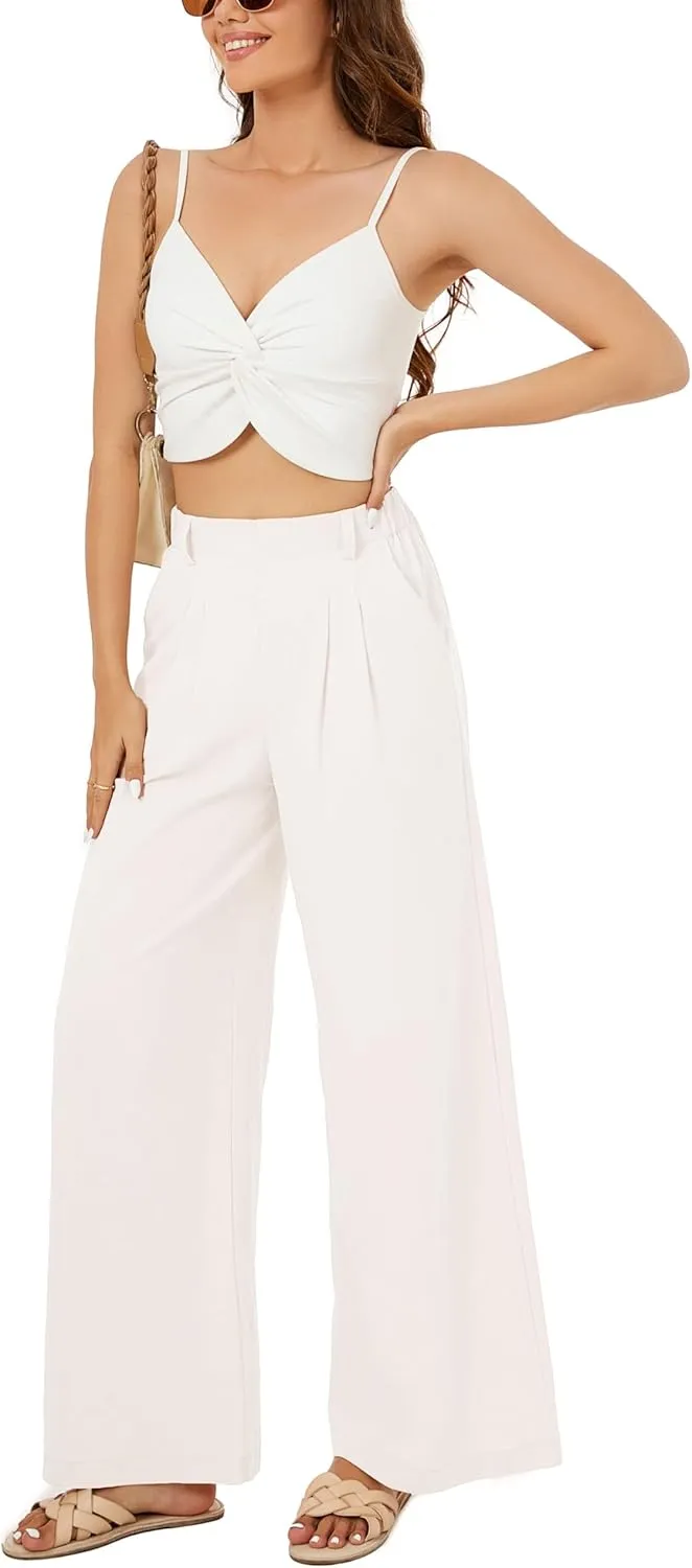 Zontroldy Cotton Linen Wide Leg Palazzo Beach Pants for Women Casual Elastic High Waist Smocked Lounge Pants