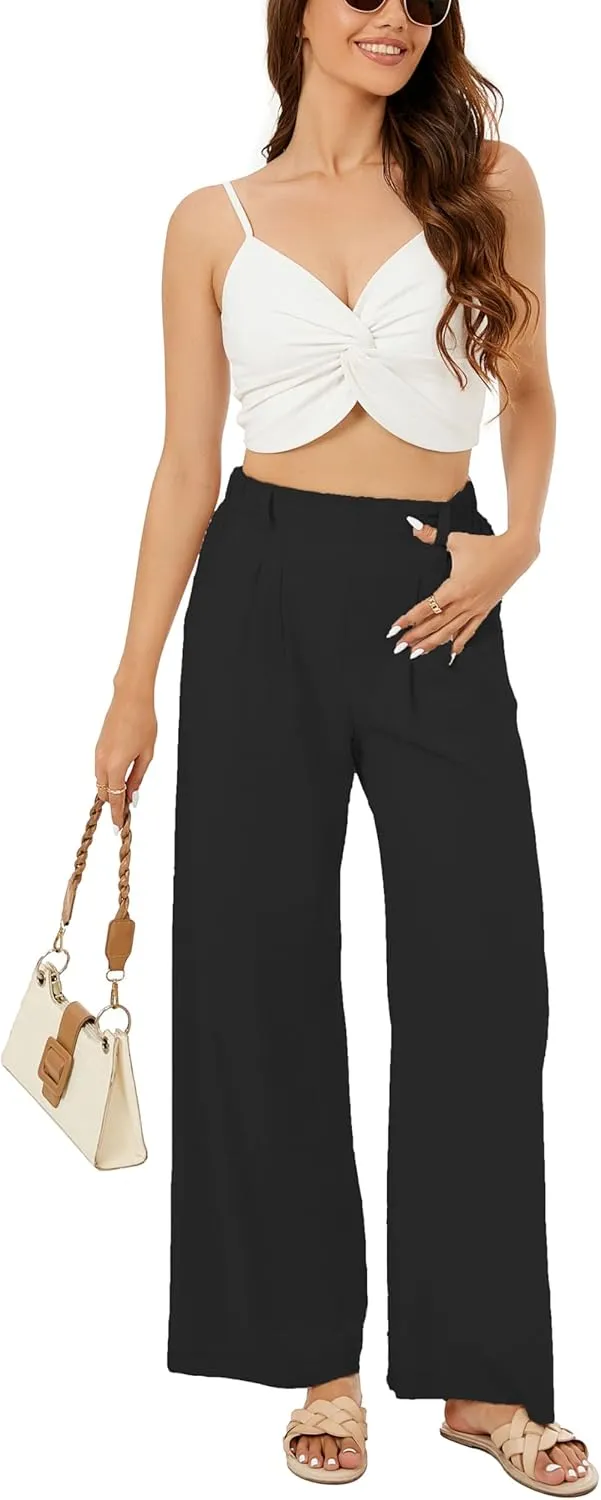 Zontroldy Cotton Linen Wide Leg Palazzo Beach Pants for Women Casual Elastic High Waist Smocked Lounge Pants