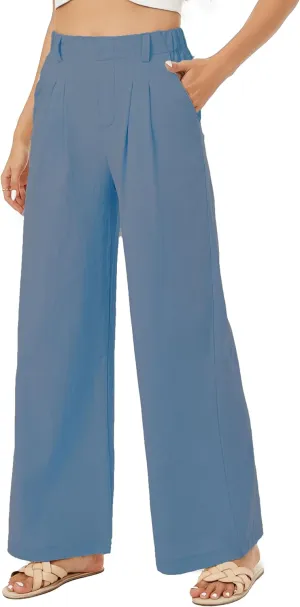 Zontroldy Cotton Linen Wide Leg Palazzo Beach Pants for Women Casual Elastic High Waist Smocked Lounge Pants