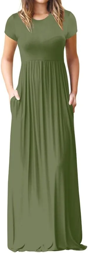 ZWRXW Women's Short Sleeve Dresses Loose Plain Maxi Dresses Summer Long Beach Dress Plus Size Comfy Curvy Dress with Pockets