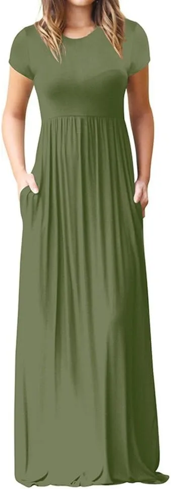 ZWRXW Women's Short Sleeve Dresses Loose Plain Maxi Dresses Summer Long Beach Dress Plus Size Comfy Curvy Dress with Pockets