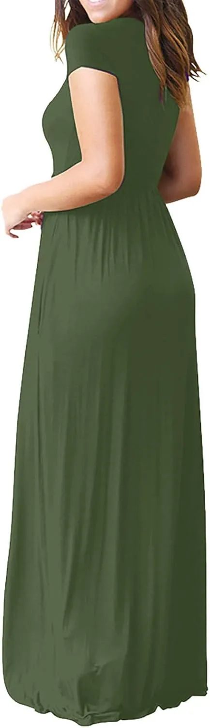 ZWRXW Women's Short Sleeve Dresses Loose Plain Maxi Dresses Summer Long Beach Dress Plus Size Comfy Curvy Dress with Pockets
