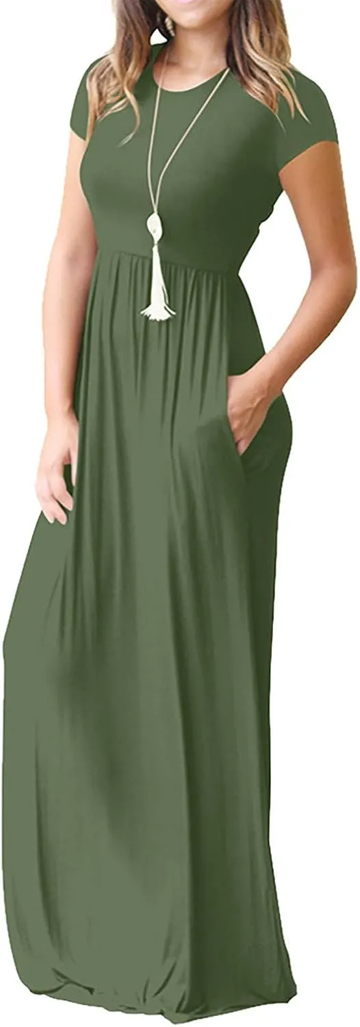 ZWRXW Women's Short Sleeve Dresses Loose Plain Maxi Dresses Summer Long Beach Dress Plus Size Comfy Curvy Dress with Pockets