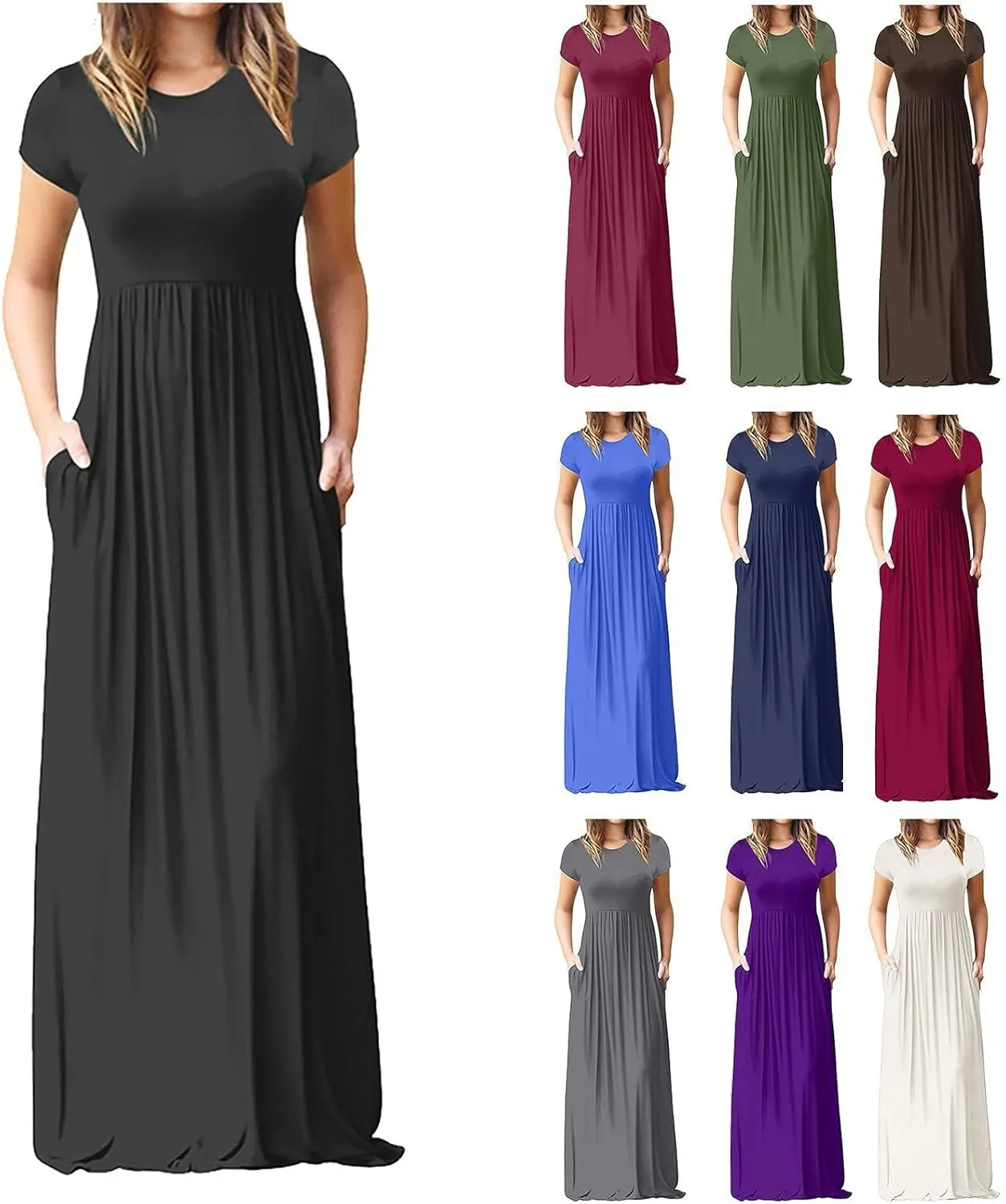 ZWRXW Women's Short Sleeve Dresses Loose Plain Maxi Dresses Summer Long Beach Dress Plus Size Comfy Curvy Dress with Pockets
