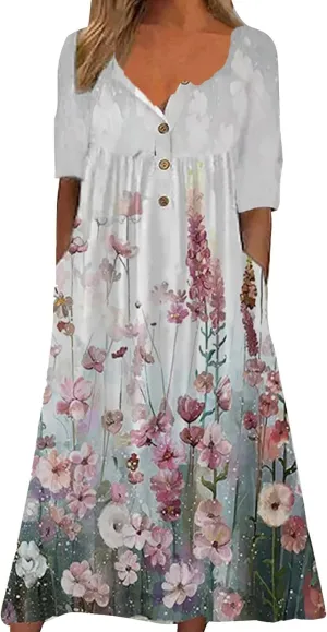ZYXTIM Women's 2024 Summer Short Sleeve Maxi Dress Vintage Floral Printed V Neck Swing A Line Long T Shirt Dress Plus Size