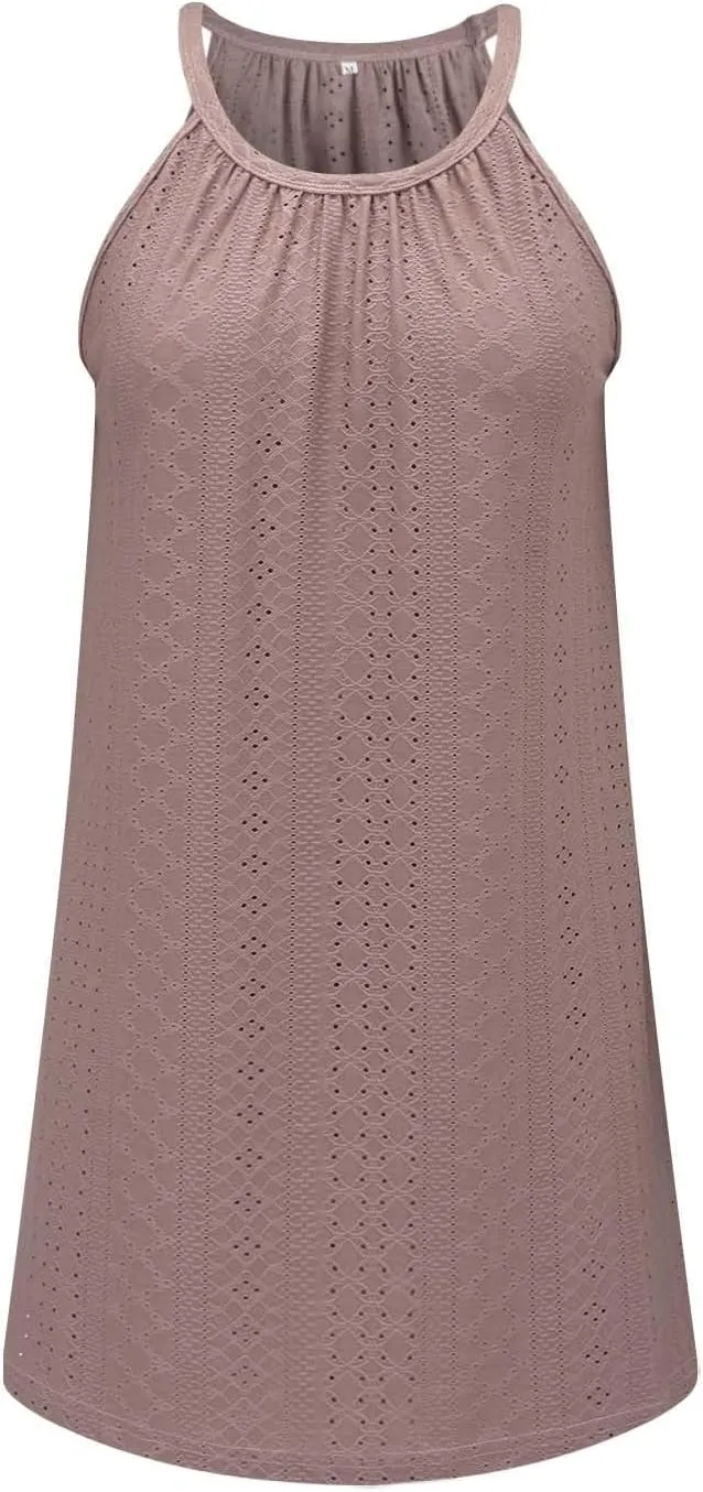 ZYXTIM Women's Eyelet Embroidery Summer Dresses Halter Neck Sleeveless A-Line Ruffle Swing Dresses Beach Resort Wear Dress