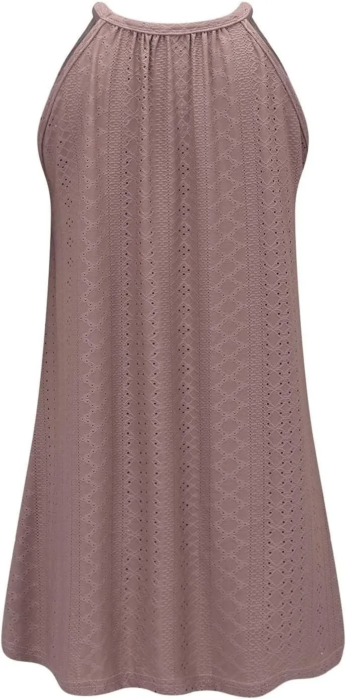 ZYXTIM Women's Eyelet Embroidery Summer Dresses Halter Neck Sleeveless A-Line Ruffle Swing Dresses Beach Resort Wear Dress